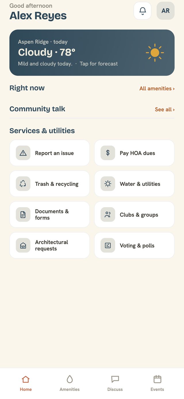 Resident app home screen